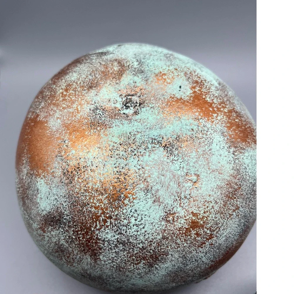 Folk‎ Art Lidded Gourd Vessel verdigris-like painted finish leaf embellishments